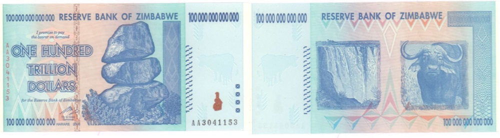 Бона номиналом 100 триллионов зимбабвийских долларов 2008 года